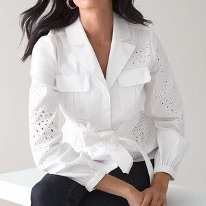 White House Black Market Tie-Waist Embroidered Poplin Shirt Size L